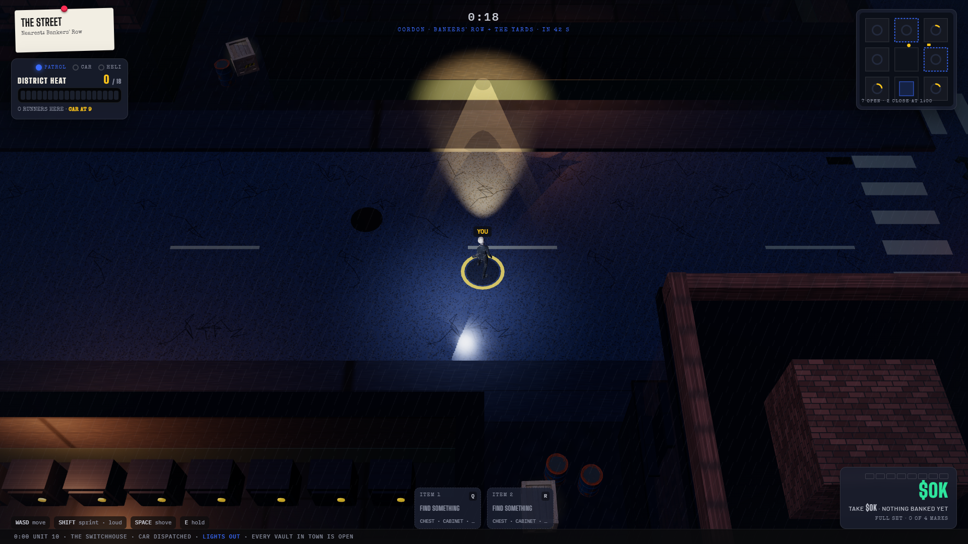 BLACKOUT prototype gameplay: a runner on a Sable City street, police searchlight, district heat meter and city map