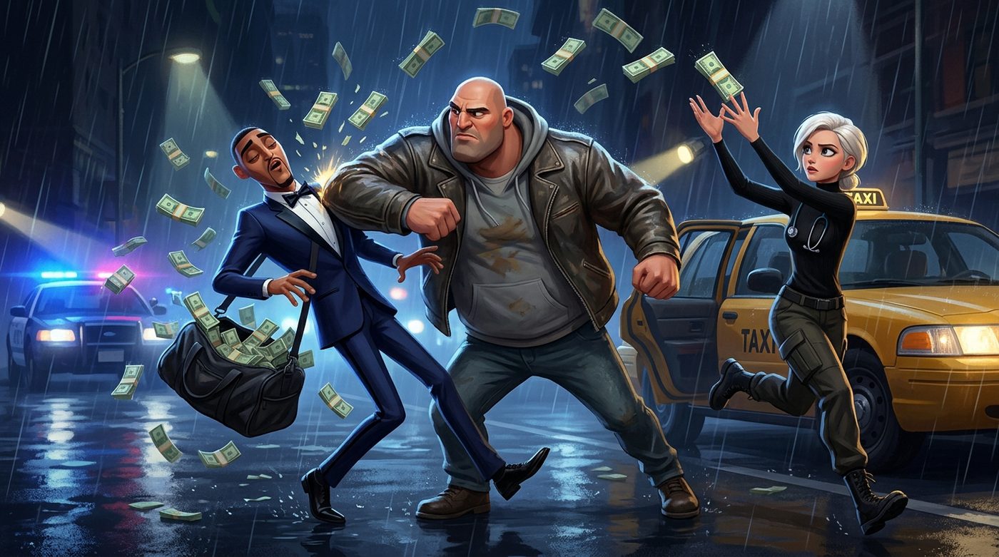BLACKOUT concept art: rival runners collide, scattering cash beside a getaway taxi as police approach