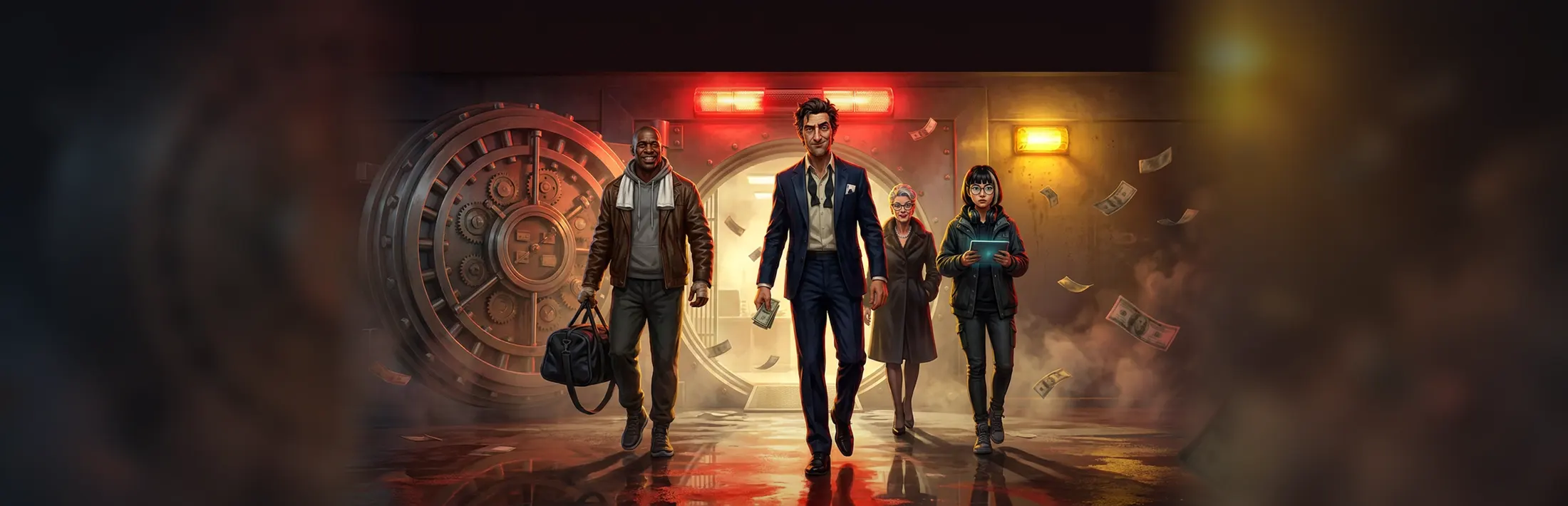Sable City's heist crew walking out of an open vault